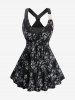 Bamboo Print Crossover 2 in 1 Y Strap Back Tank Top and Appliques Lace Leggings Plus Size Outfit -  