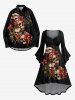 Robe D'Halloween Costume Asymétrique Feuille Fleur Imprimées Grande Taille à Volants - Noir 1X