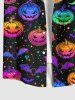 Plus Size Halloween Costume Colorful Pumpkin Bat Moon Star Print Buttons Pocket Shirt For Men -  