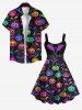 Plus Size Halloween Costume Colorful Pumpkin Bat Moon Star Print Buttons Pocket Shirt For Men -  