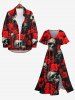 Robe Costume D'Halloween Mi-Longue Fendue Rose et Crâne Imprimées de Grande Taille - Rouge L