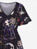 Plus Size Halloween Costume Skulls Rose Flower Moon Heart Bride and Bridegroom Print Split Midi Dress -  