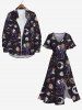 Plus Size Halloween Costume Skulls Rose Flower Moon Heart Bride and Bridegroom Print Split Midi Dress -  