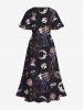 Plus Size Halloween Costume Skulls Rose Flower Moon Heart Bride and Bridegroom Print Split Midi Dress -  