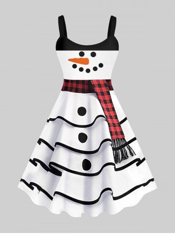 Plus Size Christmas Snowman Buttons Layered 3D Print Tank Dress - WHITE - S