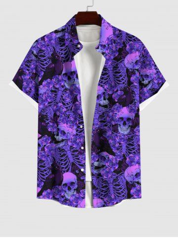 Plus Size Ombre Skeleton Skulls Rose Flower Print Halloween Button Pocket Shirt For Men - PURPLE - S