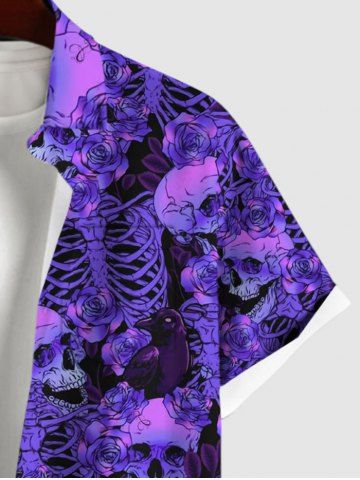 Plus Size Ombre Skeleton Skulls Rose Flower Print Halloween Button Pocket Shirt For Men