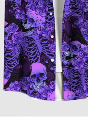 Plus Size Ombre Skeleton Skulls Rose Flower Print Halloween Button Pocket Shirt For Men