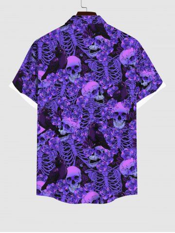 Plus Size Ombre Skeleton Skulls Rose Flower Print Halloween Button Pocket Shirt For Men