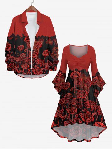 Halloween Costume Rose Flower Galaxy Print Plus Size Matching Set For Couples - RED