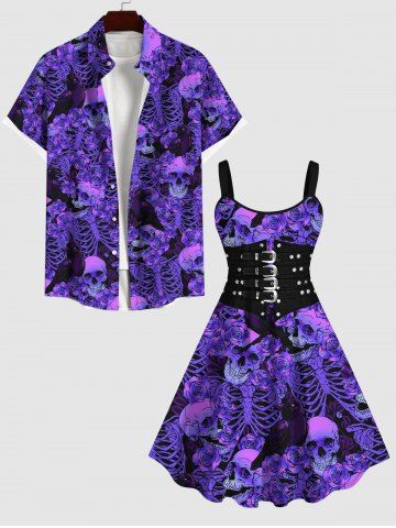 Halloween Costume Ombre Skeleton Skulls Rose Flower Print Plus Size Matching Set For Couples - PURPLE