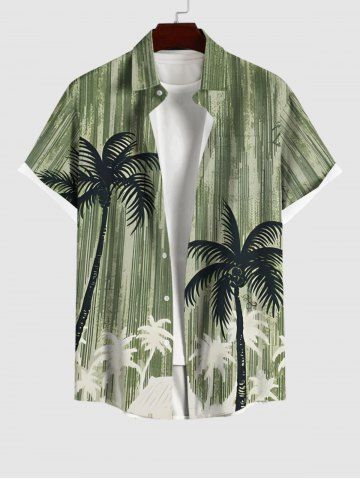 Plus Size Coconut Tree Graffiti Print Hawaii Button Pocket Shirt For Men - GREEN - M