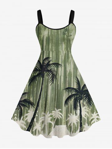 Plus Size Coconut Tree Graffiti Print Hawaii A Line Tank Dress - GREEN - XS