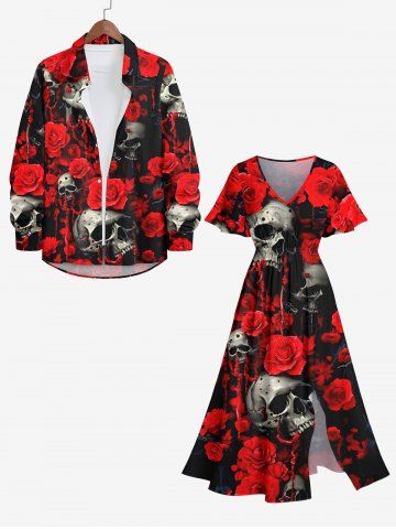 Halloween Costume Rose Flower Skulls Print Plus Size Matching Outfit For Couples - RED