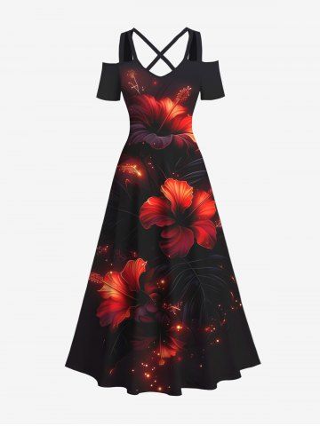 Plus Size Hibiscus Flower Glitter 3D Print Cold Shoulder Crisscross Hawaii Maxi Dress - BLACK - S