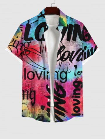 Plus Size Colorful Ombre Newspaper Letters Heart Print Hawaii Button Pocket Shirt For Men - RED - S