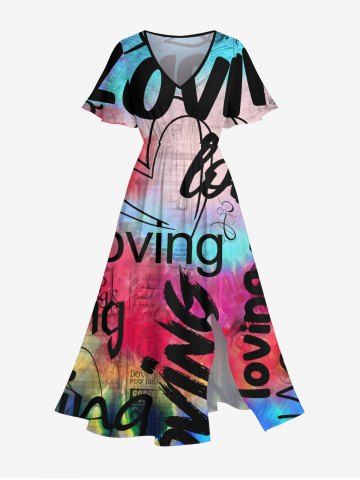 Plus Size Colorful Ombre Newspaper Letters Heart Print Hawaii Split Pocket A Line Midi Dress - MULTI-A - S