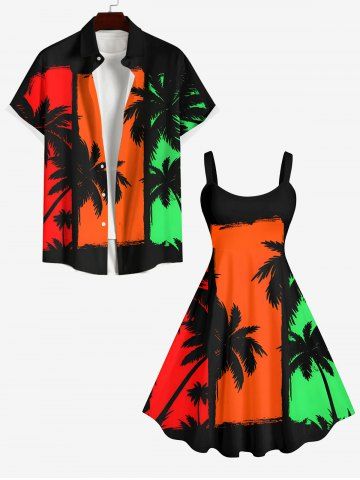 Plus Size Coconut Tree Colorblock Print Hawaii A Line Tank Dress