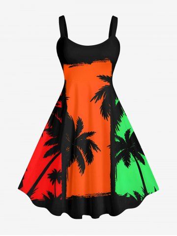 Plus Size Coconut Tree Colorblock Print Hawaii A Line Tank Dress