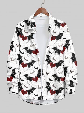 Plus Size Halloween Costume Bat Heart Print Buttons Long Sleeve Shirt For Men - WHITE - M