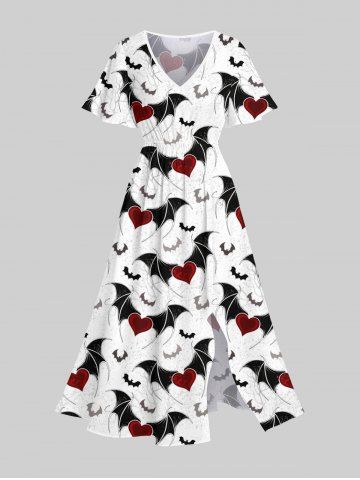 Plus Size Halloween Costume Bat Heart Print Split Midi Dress - WHITE - 1X