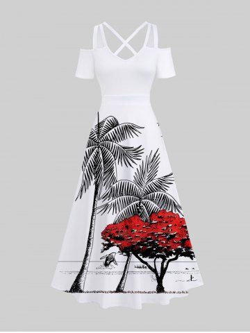 Plus Size Coconut Tree Flower Beach Print Hawaii Crisscross A Line Maxi Dress - WHITE - XS