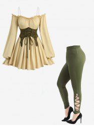 Ruched Ruffles Poet Sleeves Cold Shoulder Top With Bowknot Print Lace Up Corset Belt and Hollow Out Skinny Leggings Plus Size Outfit -  