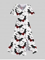 Robe D'Halloween Mi-Longue Fendue Cœur et Chauve-souris Imprimés de Grande Taille - Blanc 1X