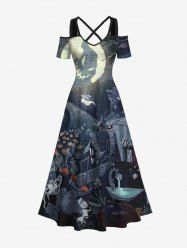 Maxi Robe D'Halloween Citrouille Fantôme Croisée de Grande Taille à Epaule Dénudée - Noir XS