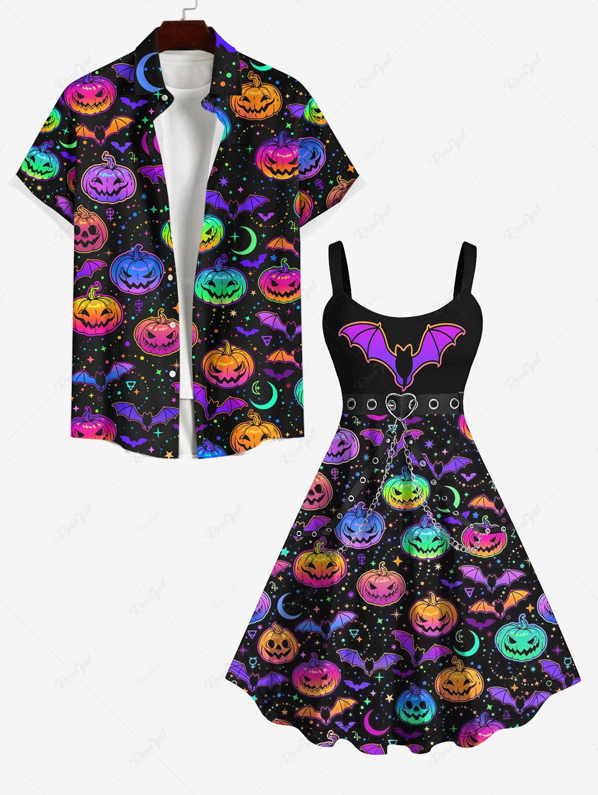 Hot Halloween Costume Colorful Pumpkin Bat Moon Star Print Plus Size Matching Outfit For Couples  