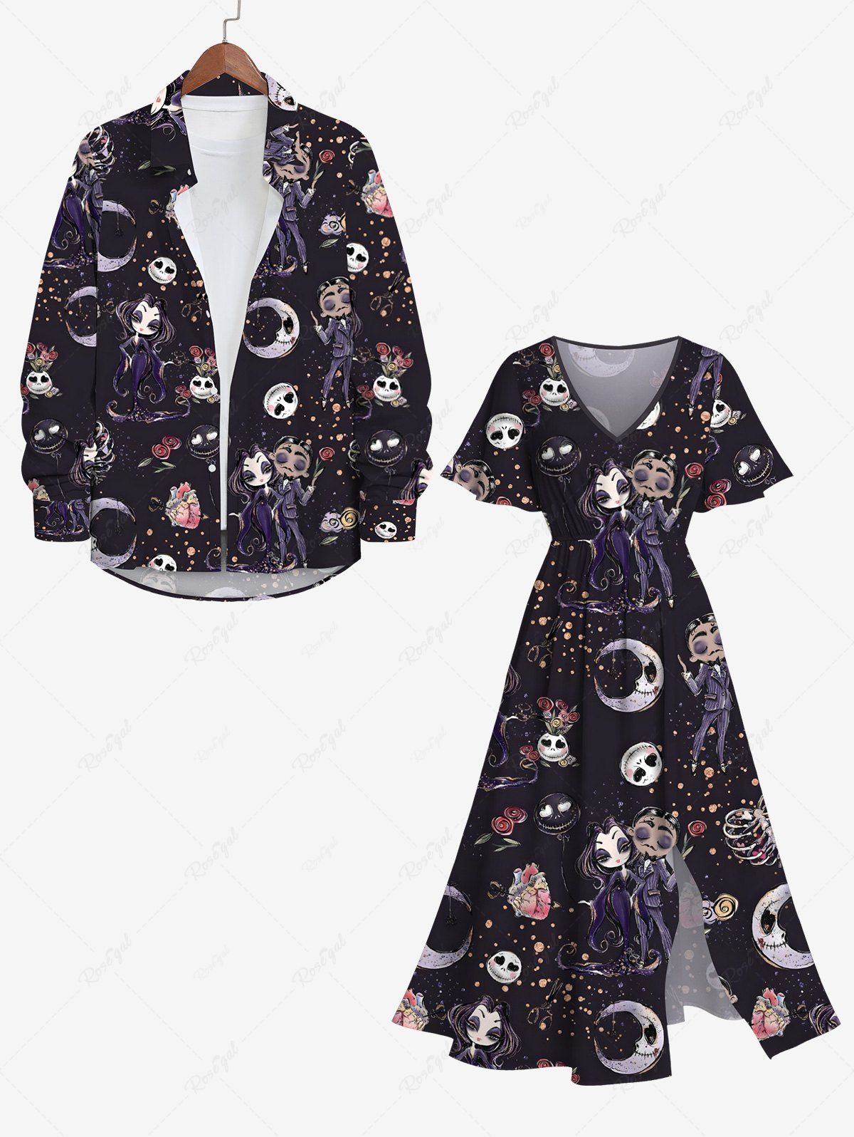 Trendy Halloween Costume Skulls Rose Flower Moon Heart Bride and Bridegroom Print Plus Size Matching Outfit For Couples  