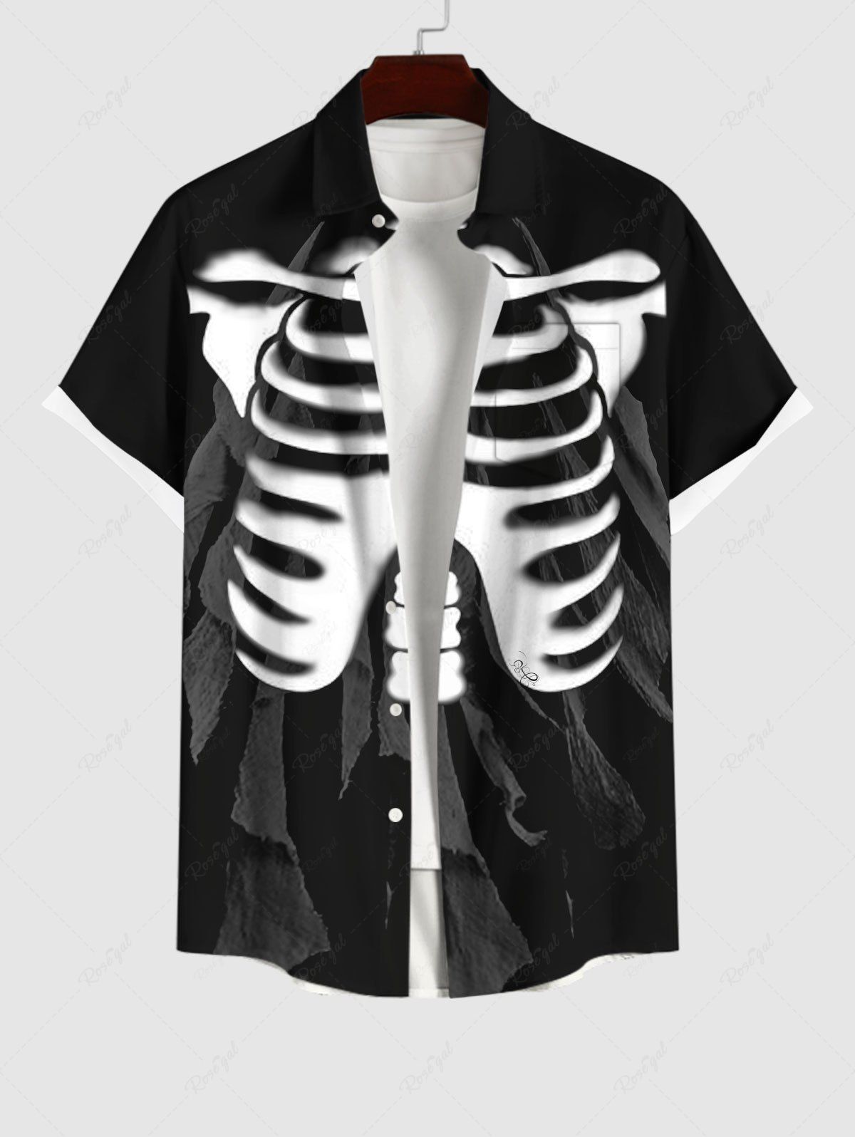 New Plus Size Skeleton Print Halloween Button Pocket Shirt For Men  