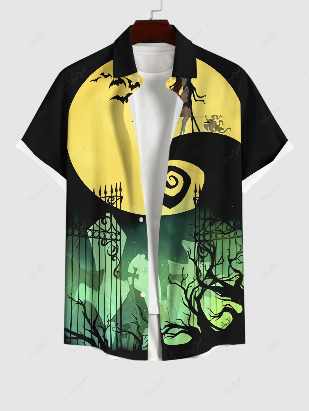 Shop Plus Size Halloween Costume Moon Bat Tree Cross Iron Gate Print Buttons Pocket Shirt For Men  