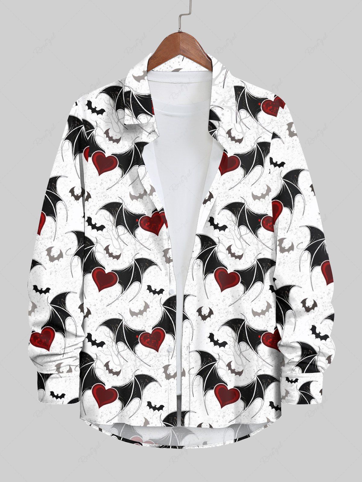 Outfit Plus Size Halloween Costume Bat Heart Print Buttons Long Sleeve Shirt For Men  