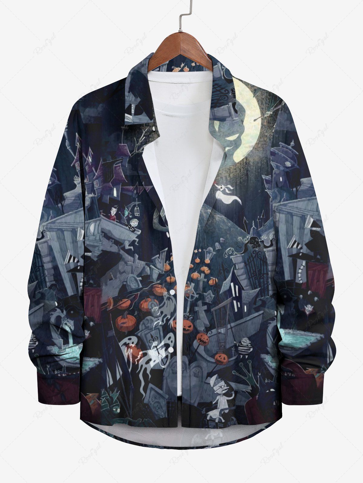 Chemise D'Halloween Costume Lune Citrouille Fantôme Croix Imprimés à Manches Longues de Grande Taille avec Boutons Multi-A 4XL