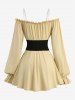 Ruched Ruffles Poet Sleeves Cold Shoulder Top With Bowknot Print Lace Up Corset Belt and Hollow Out Skinny Leggings Plus Size Outfit -  