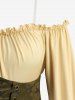 Ruched Ruffles Poet Sleeves Cold Shoulder Top With Bowknot Print Lace Up Corset Belt and Hollow Out Skinny Leggings Plus Size Outfit -  