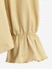 Ruched Ruffles Poet Sleeves Cold Shoulder Top With Bowknot Print Lace Up Corset Belt and Hollow Out Skinny Leggings Plus Size Outfit -  