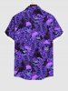 Plus Size Ombre Skeleton Skulls Rose Flower Print Halloween Button Pocket Shirt For Men -  