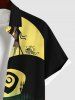 Plus Size Halloween Costume Moon Bat Tree Cross Iron Gate Print Buttons Pocket Shirt For Men -  