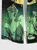 Plus Size Halloween Costume Moon Bat Tree Cross Iron Gate Print Buttons Pocket Shirt For Men -  