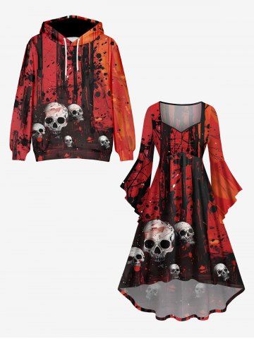 Halloween Costume Ink Painting Splatter Skulls Print Plus Size Matching Set For Couples - RED