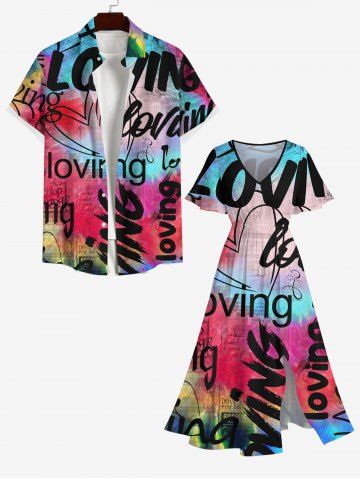 Colorful Ombre Newspaper Letters Heart Print Plus Size Matching Hawaii Beach Outfit For Couples - MULTI-A