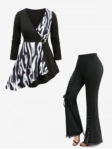 Zebra Striped O-Ring Asymmetric T-shirt and Lace-up Pocket Split Solid Flare Pants Plus Size Outfit - BLACK