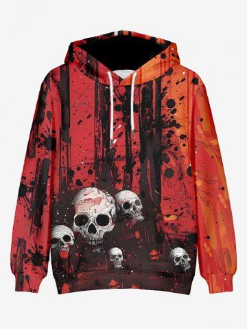 Sweat à Capuche D'Halloween Peinture Eclaboussée Crâne Imprimée Grande Taille avec Poche à Manches Longues à Cordon - RED - 2XL