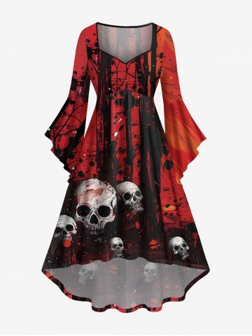 Plus Size Ink Painting Splatter Skulls Print Halloween Costume Ruched High Low Asymmetric Dress - RED - M