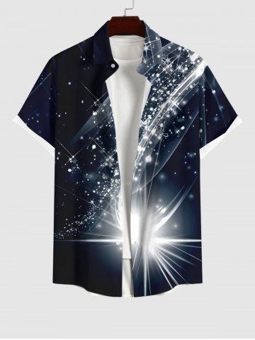 Plus Size Glitter Sparkling Galaxy Star Light Beam Print Hawaii Button Pocket Shirt For Men