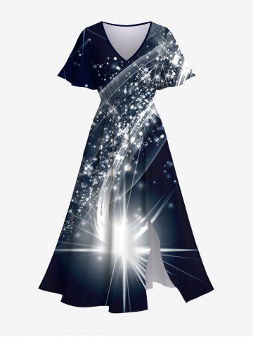 Plus Size Glitter Sparkling Galaxy Star Light Beam Print Hawaii Split Pocket A Line Midi Dress - BLACK - S