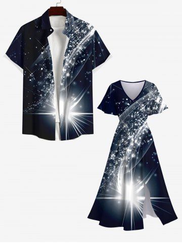 Plus Size Glitter Sparkling Galaxy Star Light Beam Print Hawaii Split Pocket A Line Midi Dress