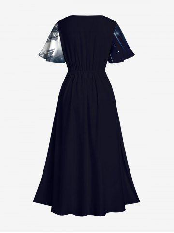 Plus Size Glitter Sparkling Galaxy Star Light Beam Print Hawaii Split Pocket A Line Midi Dress